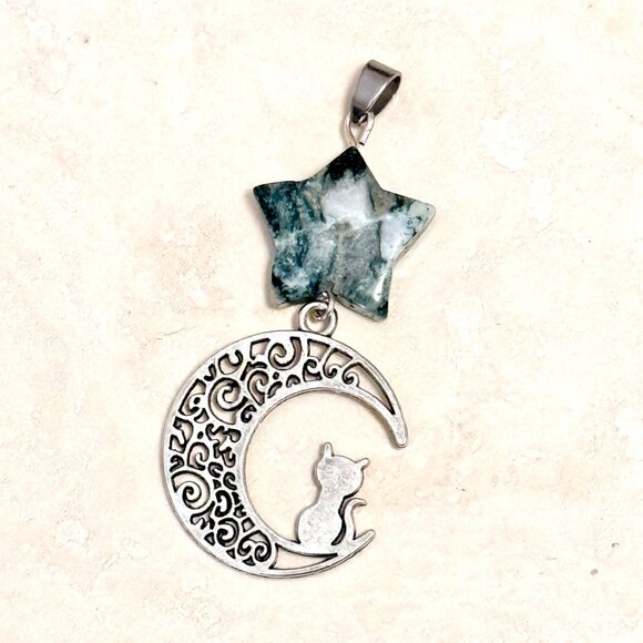 2/$20, Genuine White Green Tree Agate Star & Silver Cat on the Moon Pendant - Picture 1 of 11